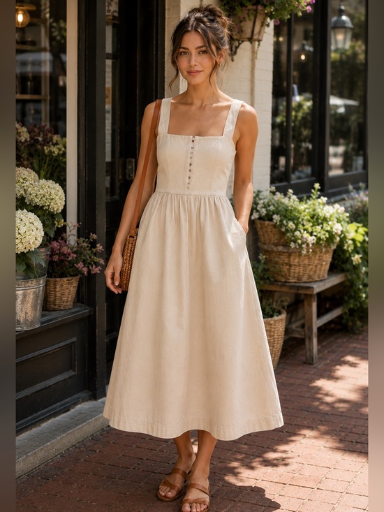 Lone Star Dresses & Skirts - NWT Boutique 100% Cotton Corset Midi Dress Pockets Oatmeal Medium